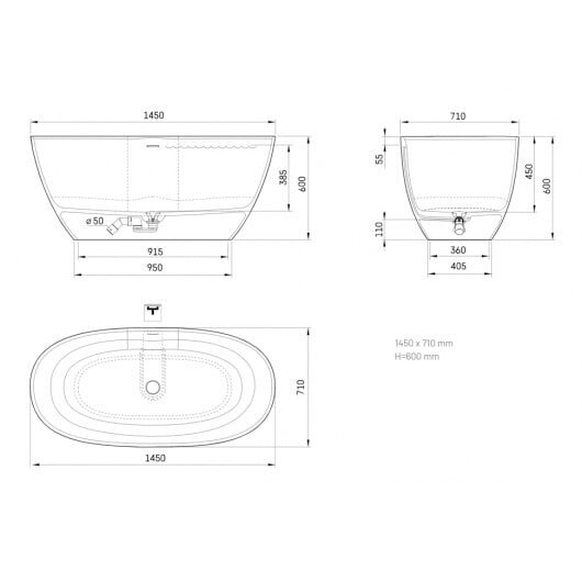 Akmens masės vonia PAA Perla 1450x710 mm, balta blizgi 6 Akmens masės vonia PAA Perla 1450x710 mm, balta blizgi 6