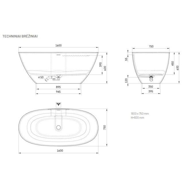 Akmens masės vonia PAA Perla 1600x750 mm, balta blizgi 4