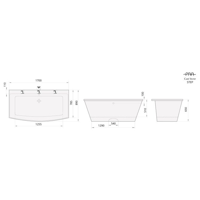Lieto akmens laisvai pastatoma vonia PAA STEP 1700 x 895mm, balta blizgi 4
