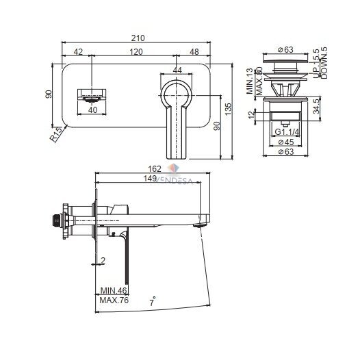 Maišytuvas praustuvui sieninis MAST, snapelis 150mm 1 Maišytuvas praustuvui sieninis MAST, snapelis 150mm 1
