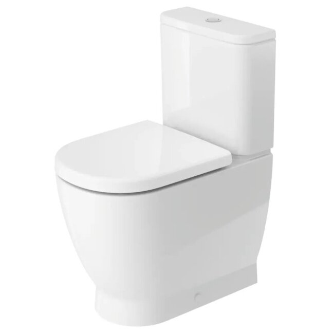 Pastatomas, brekraštis WC puodas Duravit D-Code su lėtai nusileidžiančiu dangčiu; Vandens pajungimas iš galo kairėje Pastatomas, brekraštis WC puodas Duravit D-Code su lėtai nusileidžiančiu dangčiu; Vandens pajungimas iš galo kairėje