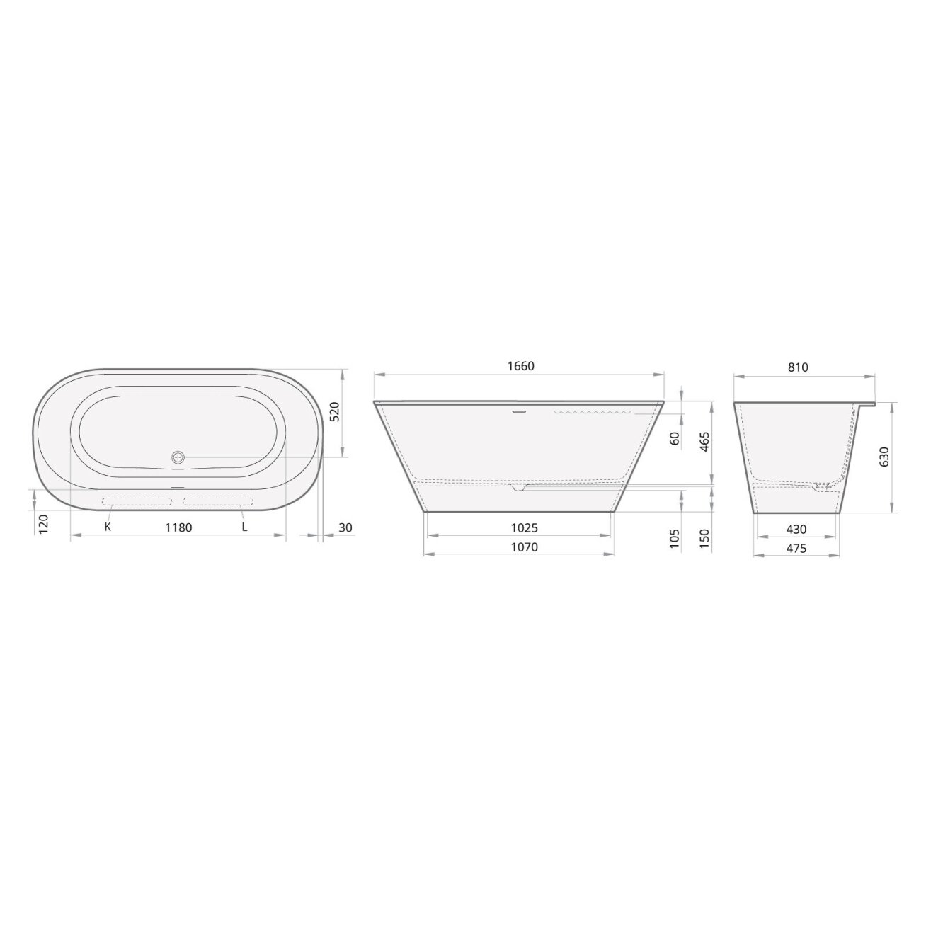 Silkstone laisvai pastatoma vonia PAA DECO RIM 1660 x 810 mm, balta matinė 4