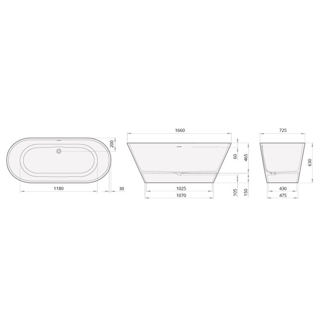 Silkstone laisvai pastatoma vonia PAA NUDO  1660 x 725 mm, balta matinė 3